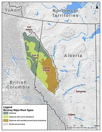 Generalized map showing the location of the Montney Formation.[11]
