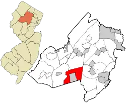 Location of Mendham Township in Morris County highlighted in red (right). Inset map: Location of Morris County in New Jersey highlighted in orange (left).