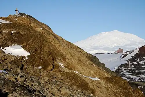 View of Mount Erebus (cross at upper left)