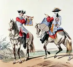Musicians of the Musketeers of the Guard in 1724. Oboeist of the 2nd company and drummer of the 1st company (image source: Priscille Lamure)