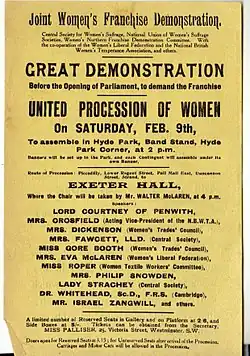An poster advertising the march, titled "GREAT DEMONSTRATION" "UNITED PROCESSION OF WOMEN on Saturday, Feb. 9th".