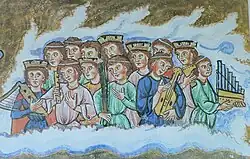 1172–1174 A.D., Germany. Musicians from The Book of Divine Works by Hildegard of Bingen. From left: harp, flute or recorder, unknown, vielle (with 2 drone strings), panpipes, portative organ.