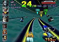 Hovercars navigate through a giant pipe in a course. Around the edge of the frame are two-dimensional icons relaying game information.