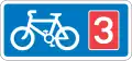 Rectangular, blue traffic sign with a white bicycle symbol and a red square with the number 3 in it.