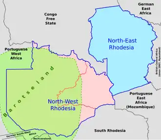South-central Africa, 1899–1911; North-Western Rhodesia is shaded red.