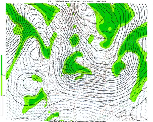 A forecast map with contour lines and shades of green