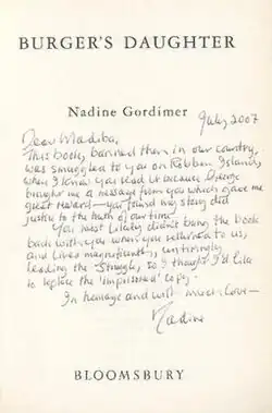 Title page of Burger's Daughter with a hand-written inscription by Nadine Gordimer addressed to Madiba (Nelson Mandela)