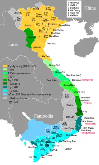 Image 68Map of Vietnam showing the conquest of the south (the Nam tiến, 1069–1757). (from History of Asia)
