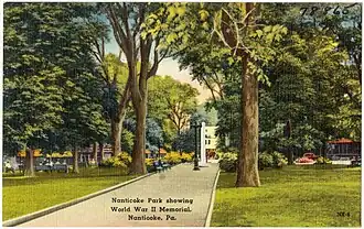 An old postcard of the World War II memorial in Nanticoke Park