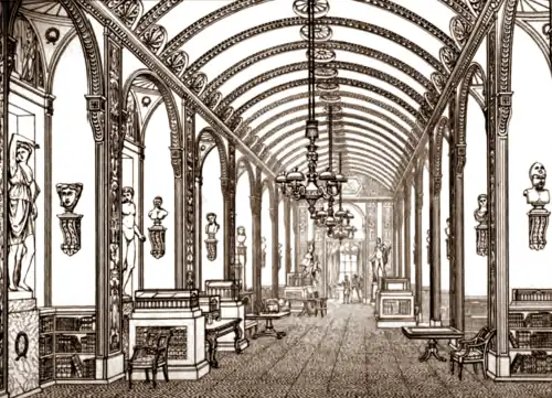 Long indoor gallery with arched ceiling and lavish carvings