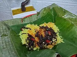 Nasi kuning with dendeng specialty of Banjarmasin