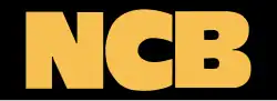 Upper case letters 'NCB' in yellow on a black background