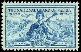 National Guard 3-cent 1953 issue U.S. stamp. The National Guard of the US – In War – In Peace – The Oldest Military Organization in the US.