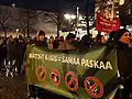 A pro-migration demonstration in Helsinki, Finland, showing a sign saying Natsit & ISIS = samaa paskaa, Finnish for "Nazis & ISIS = the same shit".