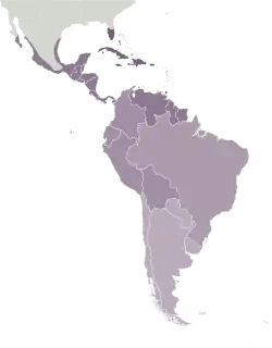 Map of South and Central America with countries and subdivisions in different shades of purple