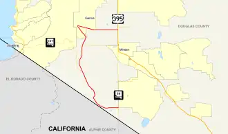 Nevada State Route 206 runs northwest to Genoa, before returning east to US 395.