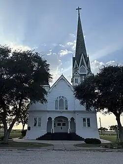 Front of the New Sweden Evangelical Lutheran Church, New Sweden, Texas, August 2025