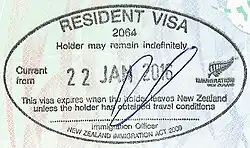 New Zealand visa stamp issued under Trans-Tasman Travel Arrangement on an Australian travel document