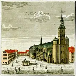 Engraving of a square with a church on the right, with a high tower as part of the facade