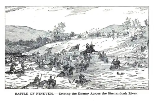 drawing showing a cavalry pursuit across a river