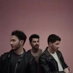 The band members leaning on each other against a pink background