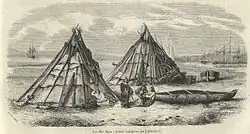 A drawing of three First Nations people in front of two tipis. There are two canoes on the shore and several larger ships in the water beyond.