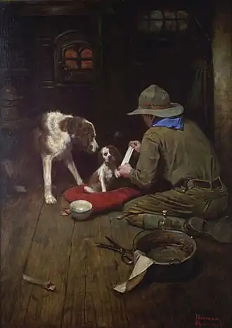 A Boy Scout in a dark tan uniform with a matching wide brimmed hat bandages the foot of a spaniel puppy while being watched by its mother