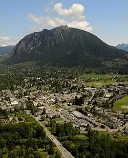 Aerial view of North Bend with Mount Si