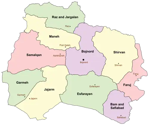 Location of Raz and Jargalan County in North Khorasan province (top, green)