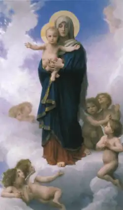 Mary, mother of Jesus, standing in clouds with the Infant Jesus surrounded by angels