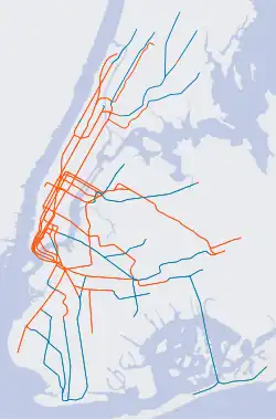 A map of line elevation in relation to the ground. Underground segments are in orange. Above-ground segments are in blue, whether they are elevated, embanked, graded or open cut
