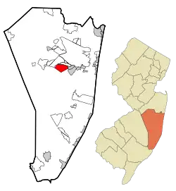 Map of Holiday Heights CDP in Ocean County. Inset: Location of Ocean County in New Jersey.