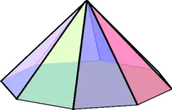 Octagonal pyramid: a pyramid with eight isosceles triangular faces around a regular octagonal base.[2]