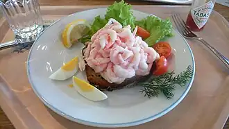 Scandinavian räksmörgås (open faced shrimp sandwich) in Stockholm