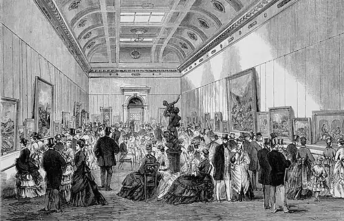 The McArthur Gallery, pictured during its opening in 1875, was the National Gallery of Victoria's first purpose-built room. It is now the Newspaper & Family History Reading Room.