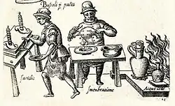 Drawing of two medieval men working in a kitchen