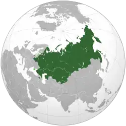 An orthographic projection of the world highlighting the 5 member countries (Armenia, Belarus, Kazakhstan, Kyrgyzstan, Russia) in green
