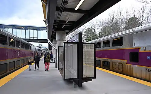 A high-level railway station platform with trains on both sides