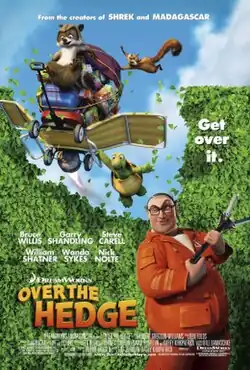 A raccoon, a turtle, and a flying squirrel hang on to a food-stacked wagon, attached with a lit-up propane tank and a lounge chair resembling wings, that blasts into a large hedge and above a man in an orange suit equipped with an animal catcher tool.