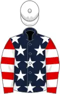 Dark blue, white stars, red and white hooped sleeves, white cap