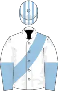White, light blue sash, halved sleeves, striped cap
