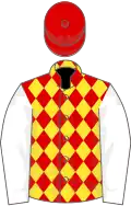 RED and YELLOW DIAMONDS, white sleeves, red cap