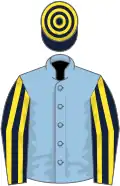 Light blue, dark blue and yellow striped sleeves, dark blue and yellow hooped cap