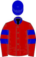 Red jacket with blue stripes on arms, blue collar and blue helmet