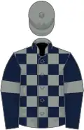 Grey and dark blue checked, dark blue sleeves, grey armlets, grey cap