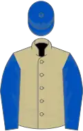 Beige, royal blue sleeves and cap