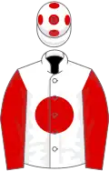 White, red disc, sleeves and spots on cap