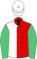 Red and white (halved), emerald green sleeves, white cap