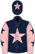 Dark blue, pink star, pink sleeves, dark blue stars, dark blue cap, pink star
