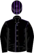 Black, purple seams, black sleeves, striped cap
